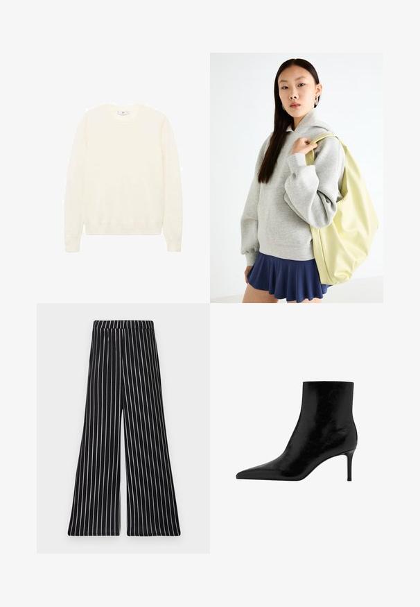 Kremasti pulover s klasičnim okruglim izrezom, rebrastim manžetama i rubom te mekom teksturom. Lagana tkanina s glatkim završetkom.; Crne i bijele prugaste široke hlače s elastičnom waistbandom, s vertikalnim prugama od mekog, rastezljivog materijala.; Crni gležnjači sa dizajnom u obliku špice, napravljeni od sjajne kože. Imaju štiklu i glatku teksturu. Nema vidljivih ukrasa.; Sivi oversized dukserica s kapuljačom i kengur džepom, u kombinaciji s mornarsko plavom suknjom šireg kroja. Dodatak: velika svijetlo žuta torba, glatke teksture.