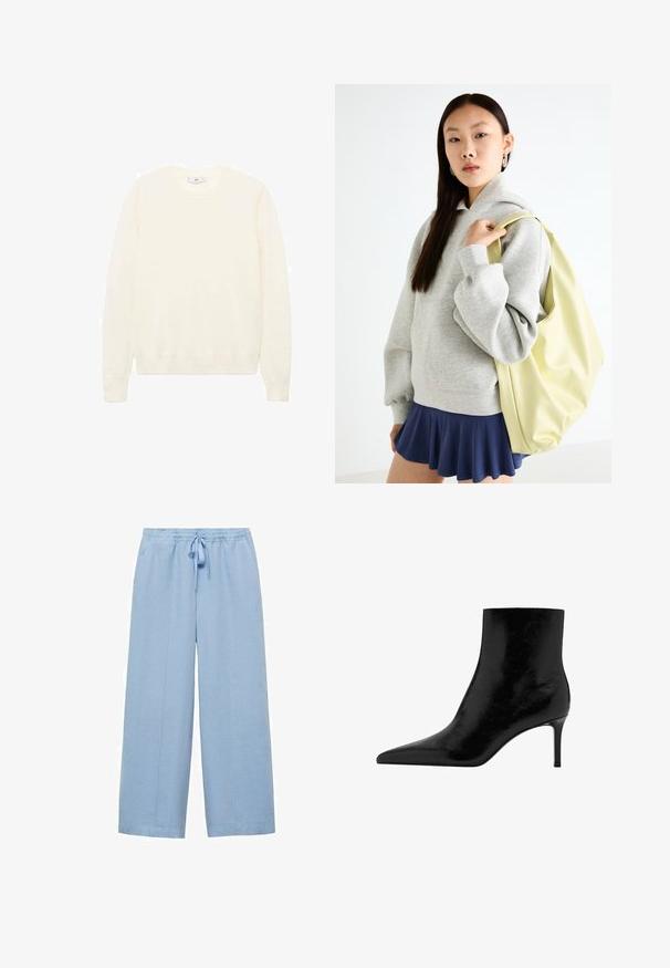 Pull crème avec un col rond classique, des poignets et un ourlet côtelés, et une texture douce. Tissu léger avec une finition lisse.; Mango Pantalon classique - light blue; Bottines noires à bout pointu, en cuir brillant. Présentent un talon aiguille et une texture lisse. Aucune ornementation visible.; Sweat-shirt oversized gris avec une poche kangourou, associé à une jupe évasée marine. Accessoire : grand sac à dos jaune clair, texture lisse.