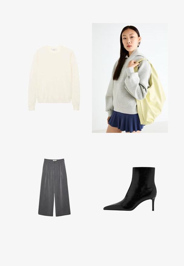 Krämfärgad tröja med klassisk rund halsringning, ribbade muddar och nederkant samt en mjuk textur. Lättviktsmaterial med en slät yta.; Fållade vida byxor i en mörkgrå tyg med en subtil textur. Har en knappstängning och en klassisk midje-design.; Svart ankelsko med en spetsig tådesign, tillverkad av glänsande läder. Har en stilettklack och en slät yta. Inga synliga dekorationer.; Grå oversized hoodie med en känguruficka, i kombination med en marinblå utsvängd kjol. Accessoar: stor ljusgul ryggsäck med slät textur.