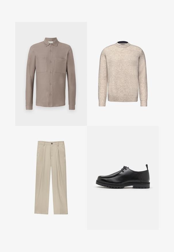 Jasnobeżowy wełniany sweter z okrągłym dekoltem i ściągaczami. Posiada teksturowany materiał oraz kontrastowy, ciemnoniebieski wewnętrzny kołnierz.; Jasno brązowa koszula z długim rękawem, z kołnierzykiem, dwoma kieszeniami na piersi i gładkim, teksturowanym materiałem.; Beżowe spodnie o prostym kroju, z pojedynczym czarnym guzikiem, szlufkami na pasek oraz bocznymi kieszeniami. Gładka faktura materiału i minimalistyczny design.; Czarne skórzane buty zapinane na sznurowadła z wytrzymałą podeszwą i uchwytem na pięcie, pokazane z boku na białym tle.