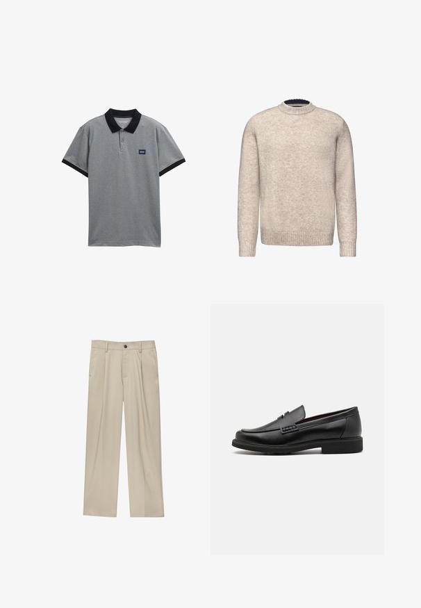 Vaaleanbeige villaneule, jossa on pyöreä kaula-aukko ja ribbauskudokset. Kankaassa on tekstuuria ja tummansininen kontrastiväri sisäkauluksessa.; Harmaa polo-paita, jossa on musta kaulus ja hihavarret. Kolme nappia edessä ja pieni logopainatus rinnassa. Puuvillasekoitekudos.; Beige-housut suoran leikkauksen omaavina, joissa on yksi musta nappi, vyölenkit ja sivutaskut. Sileä kangas ja minimalisti muotoilu.; Musta keinotekoinen mokka, jossa on korostettu ommeltu etuosa, pehmeä sisäpohja ja litteä kumipohja; tyylikäs muotoilu, jossa on vähäistä yksityiskohtaisuutta.