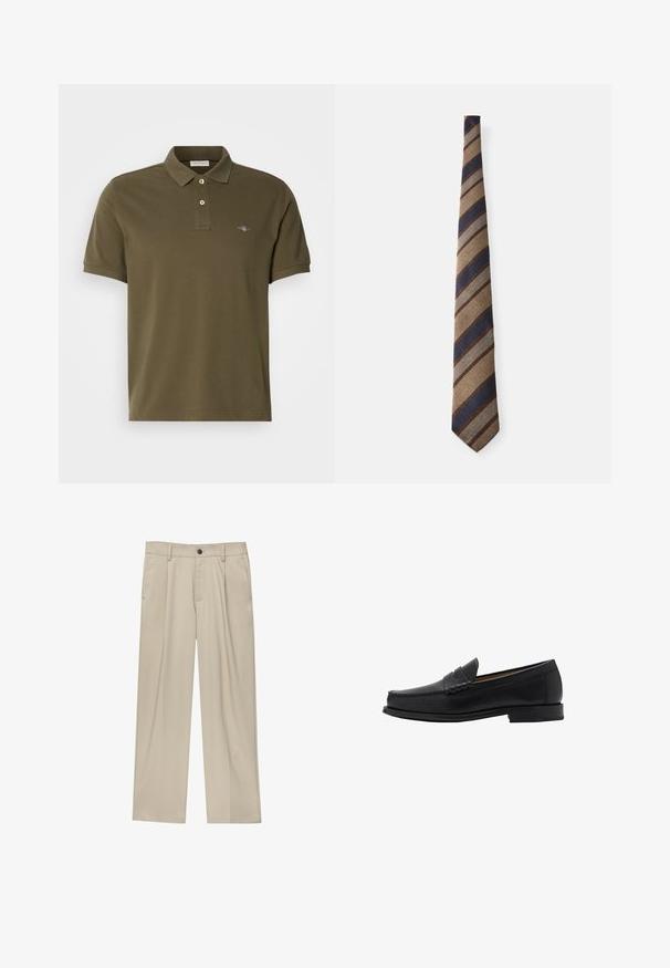 Pullover in lana beige chiaro con scollatura rotonda e polsini a costine. Presenta un tessuto testurizzato e un colletto interno blu scuro a contrasto.; Polo verde oliva realizzato in cotone, con colletto classico, patta con due bottoni e piccolo logo ricamato sul petto.; Camicia a maniche lunghe di colore marrone scuro, con colletto a punta e logo ricamato discreto sul lato sinistro del petto.; Pantaloni beige a taglio dritto, con un solo bottone nero, passanti per la cintura e tasche laterali. Tessuto dalla texture liscia e design minimale.; Mango Mocassini eleganti - black; Cravatta a righe con un motivo di righe marroni, blu navy e azzurro su un tessuto texturizzato. Punta conica con un design affusolato.