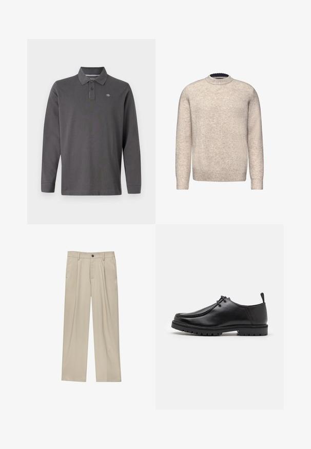 Hellbeige Wollpullover mit Rundhalsausschnitt und gerippten Bündchen. Besitzt einen strukturierten Stoff und einen kontrastierenden dunkelblauen Innenkragen.; Langärmliges Poloshirt aus dunkelgrauer Baumwolle, mit Kragen, drei Knöpfen und kleinem Logo auf der linken Brust.; Beige Hosen mit geradem Schnitt, ausgestattet mit einem einzelnen schwarzen Knopf, Gürtelschlaufen und Seitentaschen. Glatte Stofftextur und minimalistisches Design.; Schwarze Leder-Schnürschuhe mit robustem Sohlenprofil und Zuglasche an der Ferse, von der Seite auf einem weißen Hintergrund gezeigt.