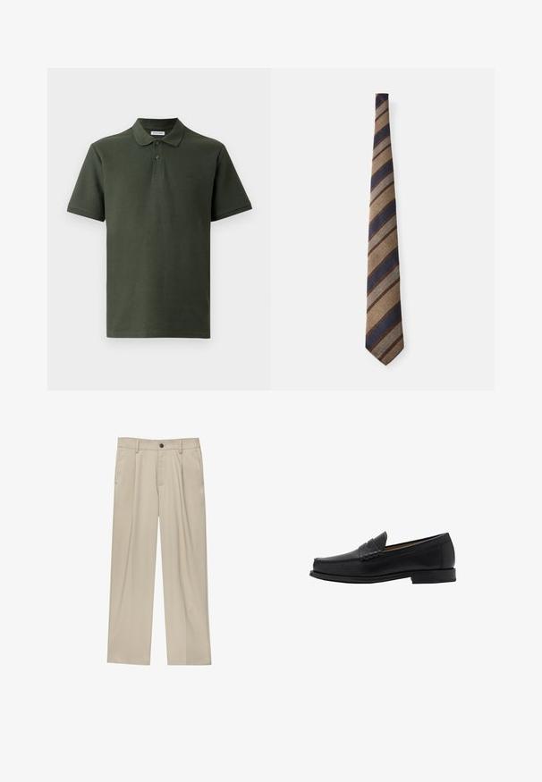 Lys beige uldtrøje med rund halsudskæring og ribbede manchetter. Har en struktureret overflade og en kontrasterende mørkeblå indvendig krave.; Mørkegrøn polo-shirt lavet af tekstureret stof. Har en krave, to knapper og et lille logo på brystet. Kortærmet.; Mørkebrune langærmede skjorte med knaplukning, spidse krave og subtilt broderet logo på venstre bryst.; Beige bukser med lige snit, der har en enkelt sort knap, bæltestropper og sidelommer. Glat stoftekstur og minimalistisk design.; Mango Business loafers - black; Stribet slip med et mønster af brune, marineblå og lyseblå striber på et struktureret stof. Konisk spids med en tilspidset design.