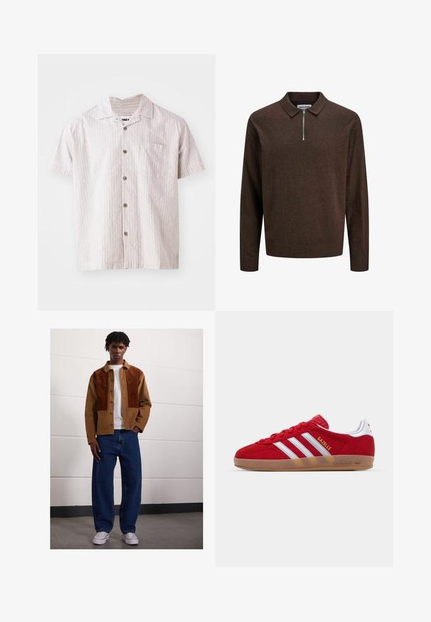 Pull en maille à manches longues marron foncé avec col et demi-zip à l'avant, poignets et ourlet côtelés, étiqueté JACK & JONES.; Chemise à manches courtes boutonnée en beige clair avec de fines rayures verticales, dotée d'une poche poitrine et d'un col arrondi, fabriquée en tissu léger.; Trois débardeurs en blanc, gris et noir. Chacun présente un design classique sans manches, fabriqué en coton léger avec une texture côtelée.; Homme se tenant à l'intérieur, portant une veste en velours côtelé marron avec des taches rouillées, un t-shirt blanc, un jean bleu ample et des baskets blanches.; Basket en daim rouge avec un design à trois rayures blanches et le texte doré "Gazelle". Comprend une semelle en caoutchouc et un talon texturé.