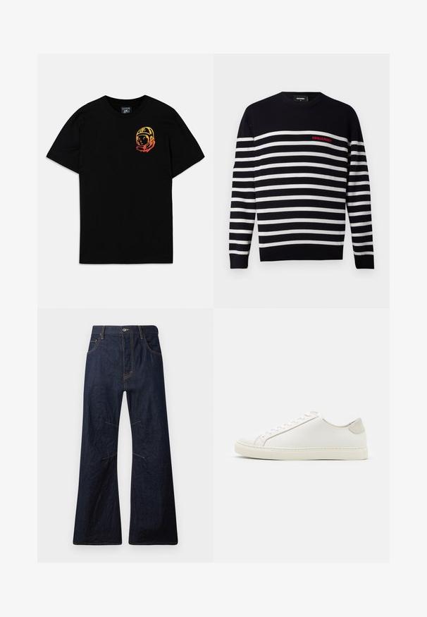 Tumši zila un balta svītrota džemperis ar apaļu kakla izgriezumu, ar sarkano "DSQUARED2" logotipu kreisajā krūtī. Mīksta adīta tekstūra.; Melnas kokvilnas T-krekls ar krāsainu astronauta grafiku kreisajā krūtī. Klasisks apaļais kakls un īsas piedurknes. Mīksta tekstūra.; Tumši zili denim flared džinsi ar dzeltenām diegu šuvēm, piecām kabatām un rāvējslēdzēja aizdari. Iespējas ietver horizontālas šuves virs ceļgaliem.; Balti ādas sporta apavi ar gludu virsmu, noapaļotu purngala daļu un minimālistisku dizainu. Iezīmējas ar bežām akcentiem uz papēža un gumijas zoli.