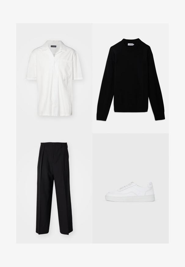 Svart genser med ribbestrikket rund hals, lange ermer og et teksturert strikkemønster. Ingen synlige logoer eller dekorasjoner.; Kortermet hvit skjorte i bomullsblanding, med spiss krage, frontlomme og subtil brodert detalj på venstre side.; Sorte plissert bukser med en rett, bred benform. Laget av glatt stoff, med knappelukking og beltehemper.; Hvit lav ankel sneaker med snøring, glatt overdel og gummisåle på en enkel lys bakgrunn.
