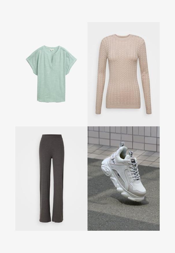 Maglione beige a maniche lunghe con un motivo testurizzato, dotato di scollo rotondo e polsini a coste. Realizzato in un tessuto morbido e leggero.; Blusa verde chiaro con maniche corte, decolletè a V e tessuto testurizzato. Presenta sottili dettagli di cucitura lungo le spalle.; Pantaloni a coste grigi in maglia, con gamba ampia e vita elasticizzata. Il tessuto ha un aspetto textured, offrendo una vestibilità comoda.; Sneaker bianco realizzato in materiali mesh e pelle, con punta arrotondata, suola spessa, lacci prominenti e marchio sul tallone e sulla linguetta.