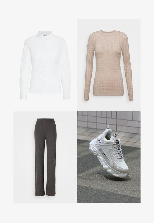 Beżowy sweter z długim rękawem o strukturalnym wzorze, z okrągłym dekoltem i ściągaczami przy rękawach. Wykonany z miękkiej, lekkiej tkaniny.; Biała koszula zapinana na guziki wykonana z gładkiej tkaniny. Posiada długie rękawy, klasyczny kołnierz oraz sześć guzików z przodu w dopasowanym kroju.; Szare, prążkowane spodnie dzianinowe z szerokimi nogawkami i elastyczną talią. Tkanina ma teksturowany wygląd, zapewniając luźny krój.; Białe trampki wykonane z siateczki i skóry, z zaokrąglonym noskiem, grubą podeszwą, wyraźnymi sznurowadłami oraz logotypem na pięcie i języku.