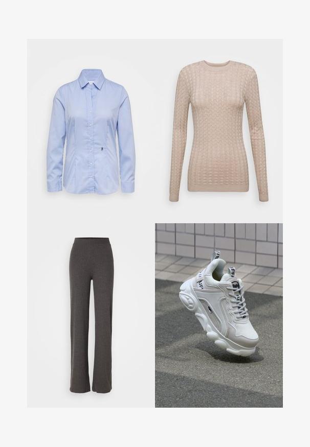 Beige Pullover mit langen Ärmeln und strukturiertem Muster, runder Ausschnitt und gerippte Säume. Hergestellt aus einem weichen, leichten Stoff.; Himmelblaues, langärmliges Hemd mit Knopfverschluss aus glattem Stoff; verfügt über einen Kragen und eine kleine schwarze Rosenstickerei auf der linken unteren Seite.; Graue, gerippte Strickhose mit weitem Bein und elastischem Bund. Der Stoff hat eine strukturierte Optik und sorgt für eine bequeme Passform.; Weißer Sneaker aus Mesh- und Ledermaterialien, mit rundem Zehenbereich, dicker Sohle, auffälligen Schnürsenkeln sowie Branding an der Ferse und der Zunge.