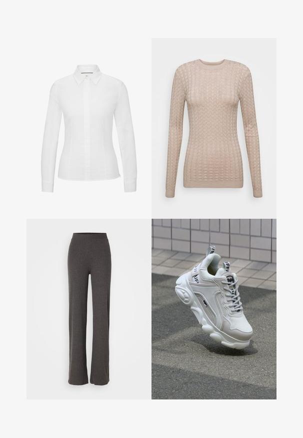 Beige svetr s dlouhým rukávem a texturovaným vzorem, s kulatým výstřihem a žebrovanými manžetami. Vyrobeno z měkké, lehké tkaniny.; Bílá košile s dlouhým rukávem vyrobená z hladké bavlny, s klasickým špičatým límcem, předním zapínáním na knoflíky a přizpůsobeným střihem se bočními rozparky.; Šedé ribbed pletené kalhoty s širokými nohavicemi a elastickým pasem. Tkanina má texturovaný vzhled, což zajišťuje uvolněný střih.; Bílé tenisky vyrobené z textilního a koženého materiálu, s kulatou špičkou, silnou podrážkou, výraznými šňůrkami a logem na patě a jazyku.