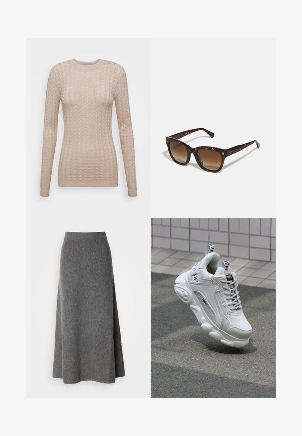 Beige langwerpige trui met een textuurpatroon, voorzien van een ronde halslijn en geribbelde manchetten. Gemaakt van een zachte, lichtgewicht stof.; Lindex SKIRT INA - Maxirok - dark grey melange; Witte sneaker van mesh en leer, met een ronde neus, dikke zool, opvallende veters en merklogo op de hak en tong.; Schildpad vierkante zonnebril met verloopbruine lenzen, voorzien van gouden accenten op de veren en een dikke, glanzende brilrand.