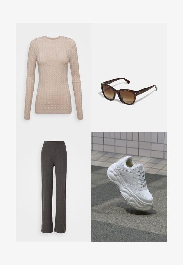Pull beige à manches longues avec un motif texturé, doté d'un col rond et de poignets côtelés. Fabriqué dans un tissu doux et léger.; Pantalons tricotés gris à côtes avec une jambe large et une taille élastique. Le tissu a une apparence texturée, offrant une coupe décontractée.; Baskets blanches en cuir avec une semelle épaisse, des détails texturés et un système de laçage. Présente des accents moulés et une finition lisse.; Lunettes carrées en écaille de tortue avec des verres dégradés marron, dotées d'accents dorés sur les branches et d'une monture large et brillante.