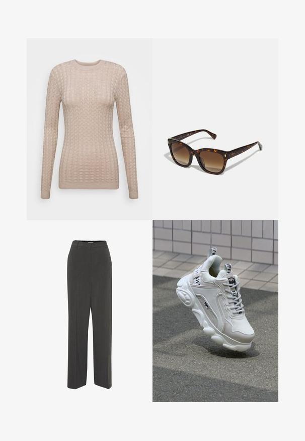 Bežna dolga majica z dolgimi rokavi z teksturiranim vzorcem, ki ima okroglo ovratnico in rebraste manšete. Narejena iz mehkega, lahkega blaga.; Sive prilagojene hlače z ravnim sprednjim delom, ravnimi hlačnicami, gladko teksturo ter brez vidnih vzorcev ali okraskov. Visok pas.; Bela superga z mrežastim in usnjenim materialom, zaobljenim nosom, debelim podplatom, opaznimi vezalkami ter blagovno znamko na peti in jeziku.; Sončniki v tortoščnem vzorcu s kvadratnim okvirjem in gradientnimi rjavimi lečami, katere krasijo zlati detajli na ročajih ter debel, sijoč okvir.