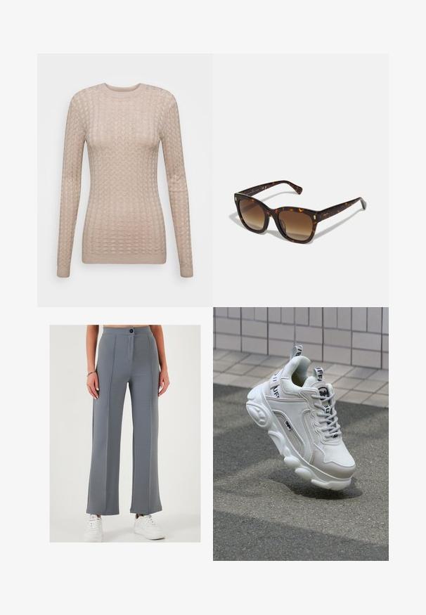 Beige langwerpige trui met een textuurpatroon, voorzien van een ronde halslijn en geribbelde manchetten. Gemaakt van een zachte, lichtgewicht stof.; Grijze wijde broek van gestructureerde stof, met een knoopsluiting aan de voorkant en gestikte paneel details, gecombineerd met witte sneakers.; Witte sneaker van mesh en leer, met een ronde neus, dikke zool, opvallende veters en merklogo op de hak en tong.; Schildpad vierkante zonnebril met verloopbruine lenzen, voorzien van gouden accenten op de veren en een dikke, glanzende brilrand.