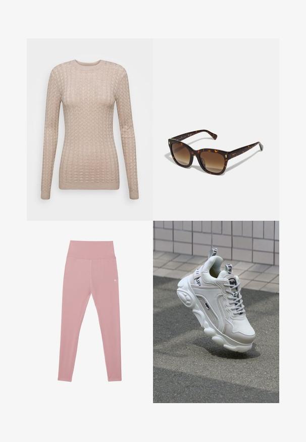 Maglione beige a maniche lunghe con un motivo testurizzato, dotato di scollo rotondo e polsini a coste. Realizzato in un tessuto morbido e leggero.; Leggings fucsia a vita alta realizzati in tessuto elasticizzato, con una superficie liscia e un piccolo dettaglio del logo in vita.; Sneaker bianco realizzato in materiali mesh e pelle, con punta arrotondata, suola spessa, lacci prominenti e marchio sul tallone e sulla linguetta.; Occhiali da sole quadrati in tartaruga con lenti gradientate marroni, caratterizzati da dettagli dorati sulle tempie e una montatura spessa e lucida.