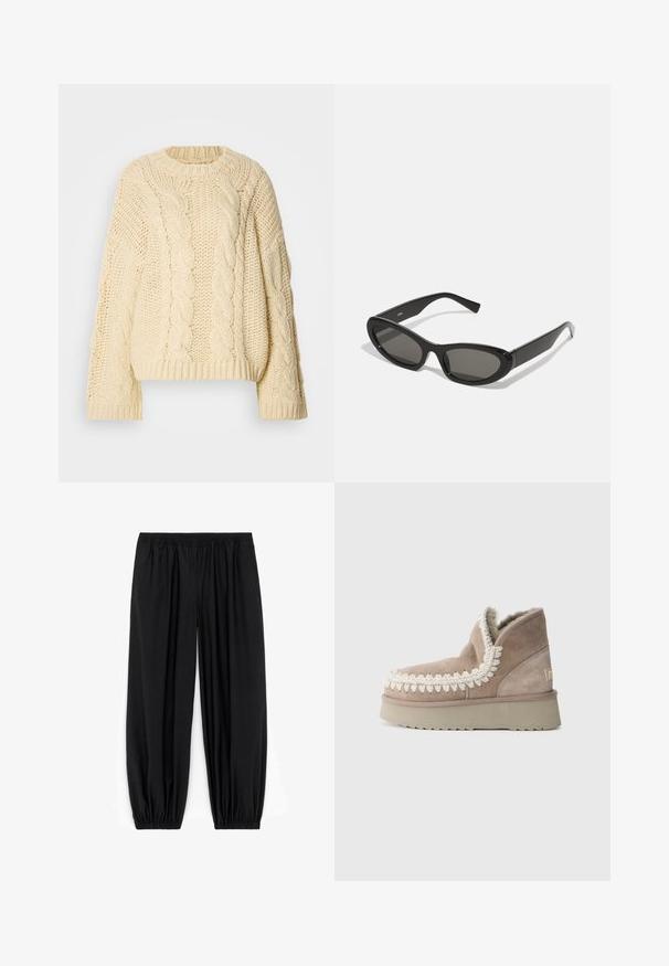 Cream-colored cable-knit sweater with a round neckline and long, wide sleeves. Features textured patterns and ribbed cuffs and hem.; White cotton t-shirt with short sleeves, a round neck, and a smooth texture. The back is plain with no additional patterns or designs.; Black elasticated wide-leg pants with gathered cuffs, made of soft fabric, featuring a relaxed fit and no visible patterns or accents.; Brown suede ankle boot with a plush lining and decorative white stitching around the collar. Features a thick, textured sole.; Black sunglasses with oval lenses, sleek plastic frames, and curved temples. The lenses are dark gray, offering a modern geometric design.
