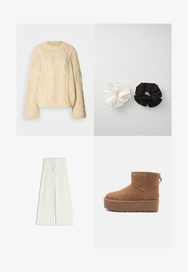 Cremfarbener Kabelstrickpullover mit rundem Ausschnitt und langen, weiten Ärmeln. Verfügt über strukturierte Muster sowie gerippte Bündchen und Saum.; Weite, weiße Hosen aus weichem Strickmaterial, mit einem elastischen Bund und einem Kordelzug zur verstellbaren Passform. Glatte Textur, keine Muster.; Beige Wildleder-Ankle-Boot mit Plateausohle, abgerundetem Zehenbereich und abgesteppten Akzenten; verfügt über eine Zuglasche hinten für einfaches An- und Ausziehen.; Zwei Satin-Haargummis, einer weiß und einer schwarz, mit einem Rüschendesign und glatter Textur, vor einem schlichten weißen Hintergrund präsentiert.