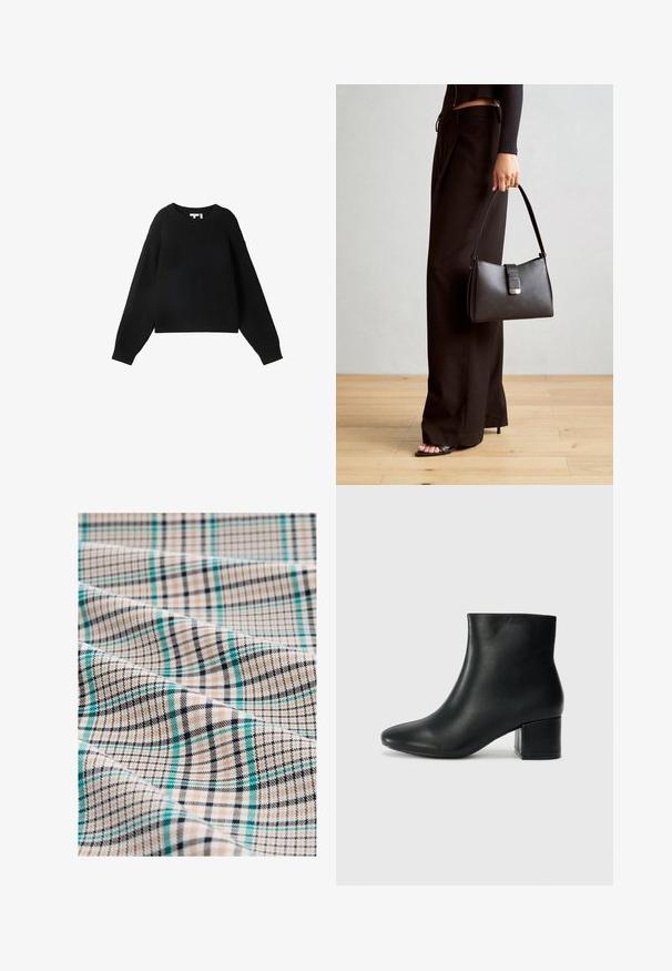 Juodas megztinis su apvalia iškirpte, ilgomis rankovėmis ir smulkia tekstūra. Trumpas dizainas ir laisvas siluetas.; Grynai audinys smėlio, juodos ir melsvos spalvų. Pasižymi tinklelio raštu, su smulkiomis linijomis ir tekstūruota paviršiumi, demonstruojančiu derinį iš langelių ir juostelių.; Juodos odinės aulinės botai su smailiu priekiniu pirštu ir storu kulnu. Lygus tekstūra su minimaliomis detalėmis ir elegantišku, tvirtai priglundančiu dizainu.; Juodas rankinė struktūrizuota forma, lygi tekstūra ir metalinis užsegimas. Suporuota su plačiomis juodomis kelnėmis ir atvirais bateliais ant medinių grindų.