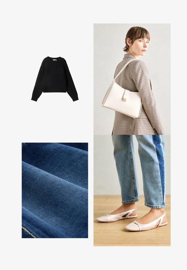 Črn pleteni pulover z okroglim izrezom, dolgimi rokavi in rebrasto strukturo. Skrajšana zasnova in sproščen kroj.; Temno modra jeansa tkanina z gladko teksturo, vidnim tkanjem in rahlim raztezanjem. Na robovih so vidne nežne šivane črte.; Svijetloružičaste slingback balerinke s šiljastim nožnim prstima, napravljene od glatkog materijala nalik koži. Imaju izrezane detalje sa strane i ravne pete.; Bela usnjena torba s strukturirano zasnovo, opremljena z magnetnim zapiranjem in naramnico, prikazana na nevtralni ozadju.
