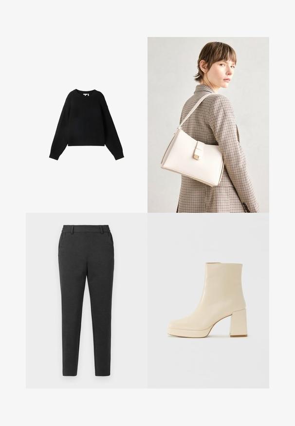 Zwarte gebreide trui met een ronde halslijn, lange mouwen en een geribbelde textuur. Verkorte stijl en ontspannen pasvorm.; Donkergrijze slim-fit broek met riemlussen, zijzakken en een taps toelopend ontwerp op een effen lichte achtergrond.; Beige leren enkelboot met blokhak en plateauzool, gladde afwerking en licht vierkante neus, gericht naar links op een witte achtergrond.; Witte leren handtas met een gestructureerd ontwerp, voorzien van een magneetsluiting en een schouderriem, tentoongesteld tegen een neutrale achtergrond.