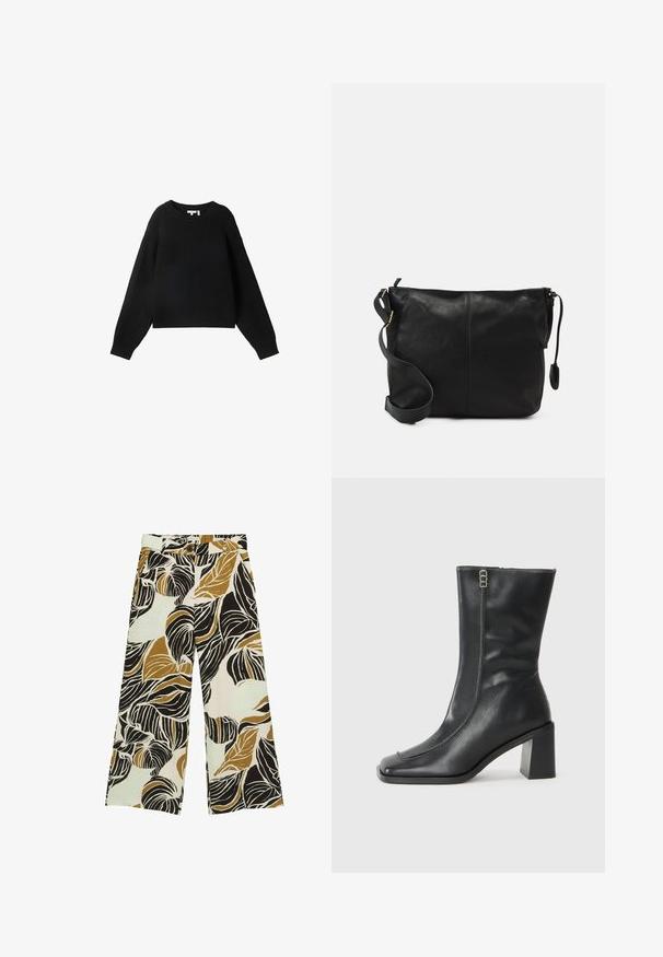 Zwarte gebreide trui met een ronde halslijn, lange mouwen en een geribbelde textuur. Verkorte stijl en ontspannen pasvorm.; Wijde broek van een lichte stof met een bladpatroon in zwart, goud en crème, met een knoopsluiting en riemlussen.; Zwarte leren enkelboot met een vierkante neus, zijrits en chunky vierkante hak. Heeft contrasterende stiksel langs de voornaad.; Zwarte leren schoudertas met een platte vorm, gouden hardware-accenten en een verstelbare schouderband. Gladde textuur met minimale stikdetails.