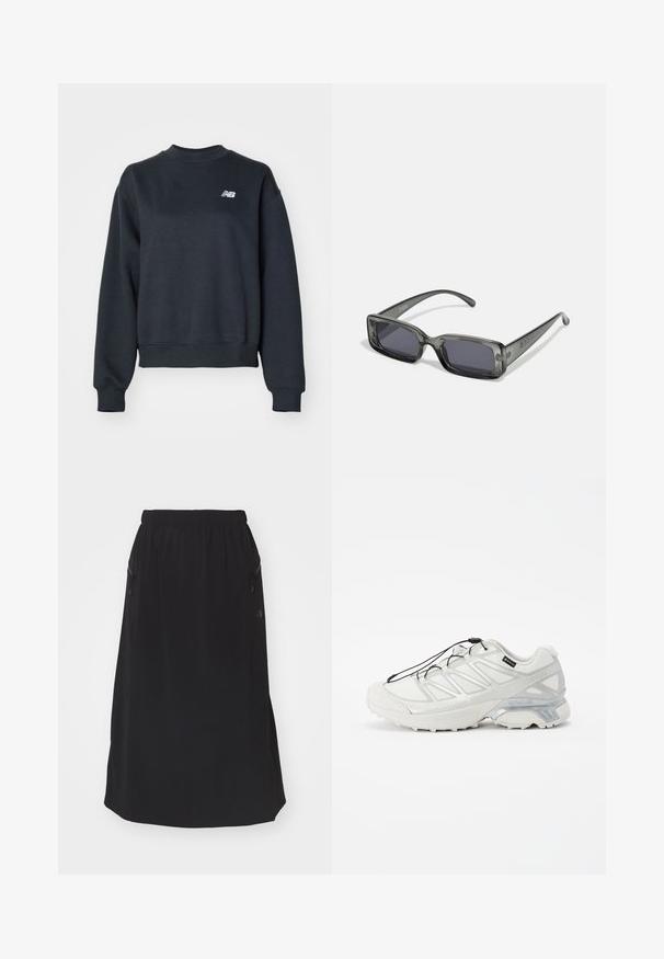 Sötétszürke crewneck pulóver, pamutkeverék anyagból készült. Bordázott nyakkal és mandzsettákkal rendelkezik, a mellkasán egy kis fehér logóval.; Fekete, bokaig érő szoknya sima anyagból, rugalmas derékrésszel és két cipzáras oldalzsebbel. Minimalista design, minta nélkül.; Fehér sportcipő strukturált hálós felsőrésszel, fényvisszaverő részletekkel és párnázott talppal. Rugalmas fűzőkkel és szürke díszítéssel rendelkezik.; Négyzet alakú napszemüveg áttetsző sötétszürke kerettel, sötét lencsékkel és vékony szárakkal. Figyelemre méltó logó részlet a kereten.