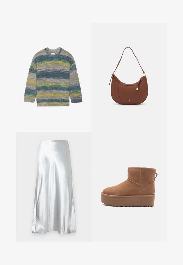 Fuzzy gray sweater with horizontal stripes in blue and yellow, round neckline, and long sleeves. Soft texture with a relaxed fit.; Silver satin midi skirt with a smooth texture, flared design, and subtle sheen. Features a straight waistband and an A-line silhouette.; Tan suede ankle boot with a platform sole, rounded toe, and stitching accents; features a pull tab at the back for easy wear.; Brown faux leather shoulder bag with curved shape, minimal stitching, and a gold-tone hardware accent. Features a top zipper closure and adjustable strap.