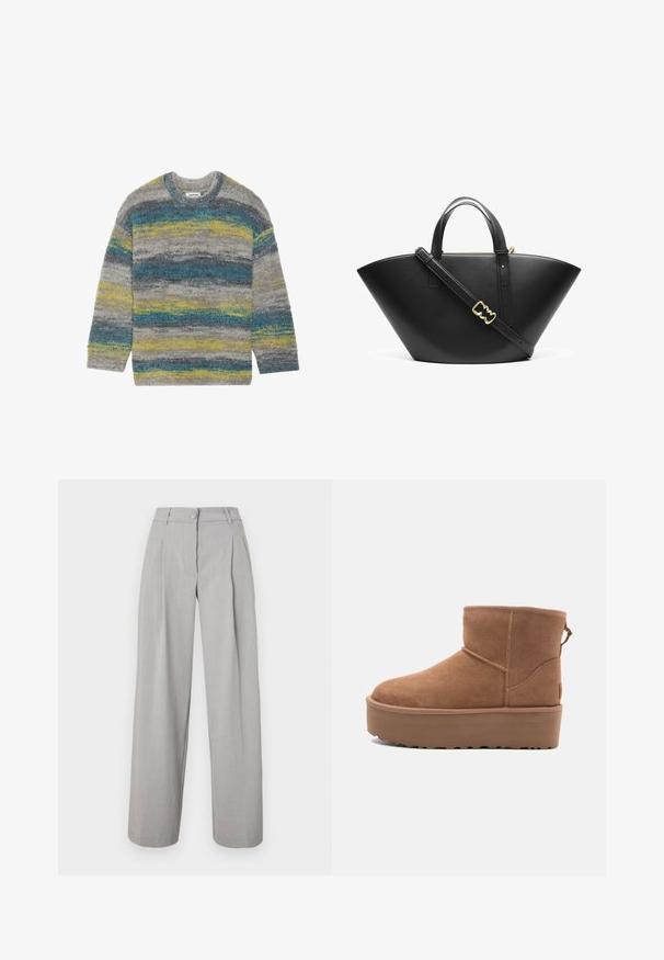 Puszysty szary sweter z poziomymi paskami w niebieskim i żółtym kolorze, okrągłym dekoltem i długimi rękawami. Miękka tekstura i luźny krój.; Jasnoszare spodnie o szerokich nogawkach z plisami, z guzikiem w talii i gładką fakturą materiału. Nogawki mają prosty krój, lekko zwężające się ku dołowi.; Beżowe zamszowe botki za kostkę z platformą, zaokrąglonym noskiem i akcentami w postaci przeszyć; posiadają pętelkę z tyłu dla ułatwienia zakładania.; Czarna skórzana torba tote o szerokim, kanciastym kształcie. Posiada podwójne uchwyty górne oraz regulowany pasek na ramię z akcentem złotego koloru.