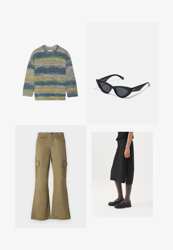 Pullover cinza felpudo com listras horizontais em azul e amarelo, decote redondo e mangas longas. Textura suave com um corte descontraído.; Calças cargo em verde oliva, feitas de algodão. Características incluem pernas largas, múltiplos bolsos laterais e um fecho de botão na cintura.; Saia preta até ao joelho com fenda lateral, combinada com sapatos loafers pretos e meias-tights transparentes castanhas, apresentando um tecido suave e um design simples.; Óculos de sol estilo gato com uma armação de plástico preto brilhante, lentes escuras e detalhes em dourado nas hastes. Design angular com linhas elegantes.; Even&Odd Saco de mão - black