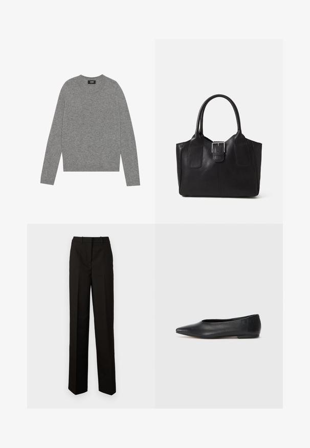 Grauer Strickpullover mit Rundhalsausschnitt, langen Ärmeln und lässiger Passform. Hervorzuheben ist die glatte Textur und der dezente, mittelschwere Stoff.; Schwarze maßgeschneiderte Hose aus glattem Stoff, mit geradem Bein, zwei vorderen Taschen und flachem Bund mit Gürtelschlaufen.; Schwarze Leder-Balletschuhe, spitze Zehenform, minimalistische Gestaltung, glatte Textur, niedriger Absatz, keine sichtbaren Beschläge oder Verzierungen.; Schwarze Leder-Tote mit glatter Textur, strukturiertem Design, zwei Griffen und einem auffälligen silbernen Schnallen-Detail auf der Vorderseite.