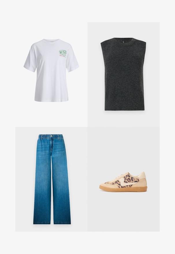 Dark gray sleeveless sweater with ribbed texture, rounded neckline, and banded bottom hem. Simple design without additional patterns or details.; White cotton t-shirt with short sleeves, relaxed fit, features a green graphic on the chest and red text "SINCE 2020" below.; Wide-leg jeans made of light blue denim, featuring an elastic waistband, a button closure, and a straight cut design with a faded effect.; Leopard print sneakers with beige suede upper, tan rubber sole, and white accents. Round toe and lace-up design with a textured finish.