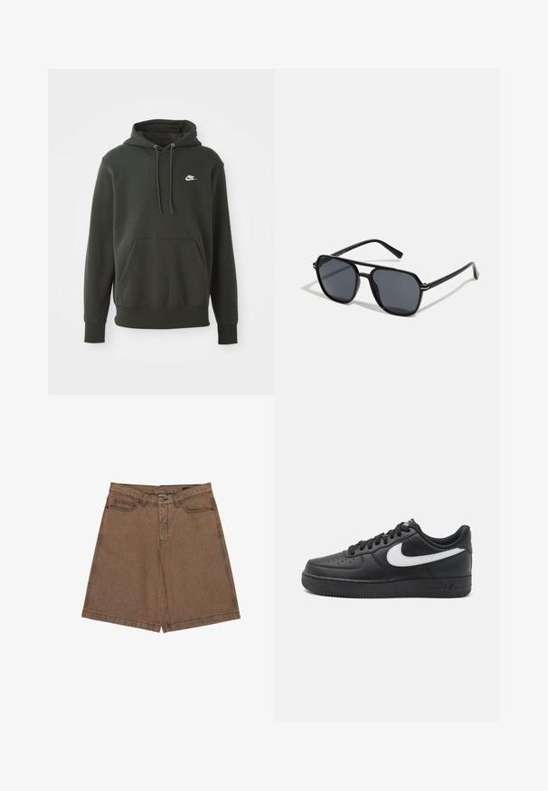 Grøn hoodie lavet af blødt stof, med et kængurulomme, snore og et lille hvidt Nike-logo på venstre bryst.; Brune denimshorts med lige snit, store sidelommer, logo detalje på taljebåndet og kontrastsyninger langs sømmene.; Sorte Nike Air Force 1 sneakers med en glat læderoverdel, hvid logoaccent, perforeret tå og struktureret gummisål.; Sorte solbriller med oktagonal stel, mørke linser, blank overflade, fine stænger og guldaccenter på forsiden.