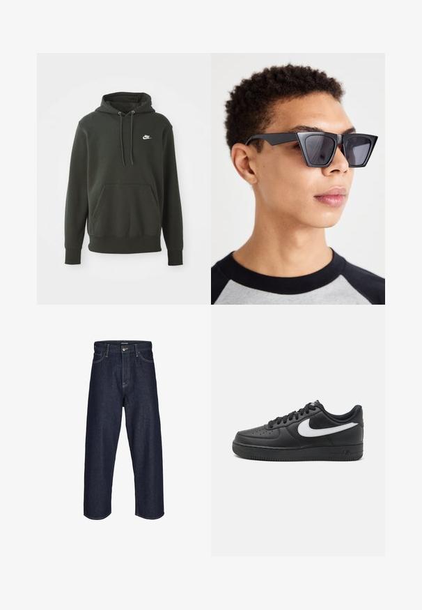 Vihreä huppari pehmeästä kankaasta, jossa on kengurupussi, narut ja pieni valkoinen Nike-logo vasemmassa rinnassa.; Tummansininen farkkukangas leveälahkeinen housut, joissa on keski-korkea vyötärö, keltainen ompelu, etupainike ja klassinen viisi-taskuinen muotoilu.; Mustat Nike Air Force 1 -kengät, joissa on sileä nahkapinta, valkoinen logo, rei'itetty varvasosa ja teksturoitu kumipohja.; Mustat kulmikkaat aurinkolasit tummilla linsseillä, joissa on rohkea geometrinen muotoilu ja mattapintainen viimeistely. Käytössä henkilöllä, jolla on lyhyt hius.