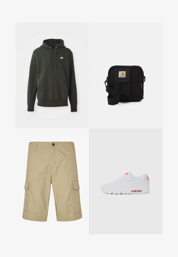 Roheline kapuutsiga särg, mis on valmistatud pehmest kangast, millel on tasku, nöörid ja väike valge Nike logo vasakul rinnal.; Beezid cargo lühikesed püksid, mis on valmistatud kergest kangast, lamedate esiosadega, küljetaskutega ja tekstuuriga mustriga, mõeldud igapäevaseks kandmiseks.; Valged spordijalatsid, millel on sile pealis, seotud lipsud, pehmendusega tallad ja nähtav õhükamber, mille brändimisel on punased aktsendid.; Mustmust kott, millel on lukkudega peamine ruum, esikott, reguleeritav rihm ja nähtav logofirma kleebis kaasel.