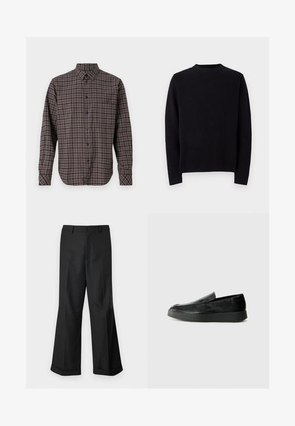 Fekete, kötött pulóver hosszú ujjal, kerek bordázott nyakkivágással és egyenes szabással. Sima textúra, látható minták vagy díszítések nélkül.; Sötétzöld, hosszú ujjú flaneling, amelyet rózsaszín és fehér csíkos kockás minta díszít, gombos zárással és egyetlen mellzsebbel.; Fekete, bő szárú nadrág gombos derékkal és felhajtott szegélyekkel, sima fehér háttér előtt bemutatva.; Calvin Klein HYBRID CUP - Belebújós cipők - triple black