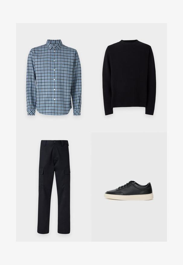 Maglione nero a maglia con maniche lunghe, scollo rotondo a coste e taglio dritto. Texture liscia senza motivi o dettagli visibili.; Camicia a maniche lunghe con bottoni, in cotone tessuto, fantasia a quadri blu e nera, colletto, bottoni bianchi e polsini regolabili.; Pantaloni cargo neri realizzati in un tessuto resistente, con un taglio dritto, due tasche laterali e una chiusura a bottone in vita.; Sneaker in pelle nera a basso profilo con lacci neri e suola avorio, mostrato di profilo su sfondo bianco.