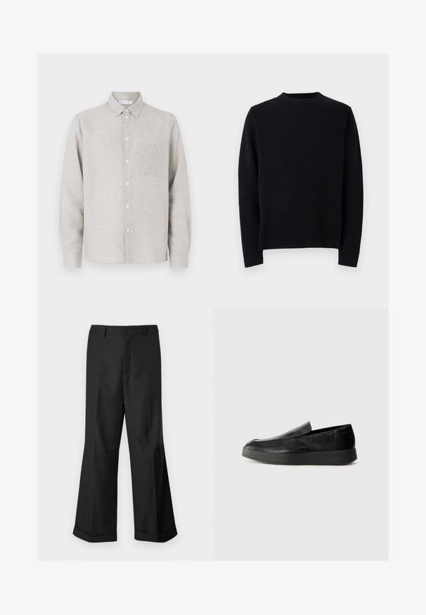 Pulover negru din tricot cu mâneci lungi, decolteu rotund cu bordură și croială dreaptă. Textură netedă, fără modele sau accente vizibile.; Cămașă deschisă la culoare, cu mânecă lungă, cu nasturi, având un model în carouri, dotată cu un singur buzunar pe piept și un guler standard. Fabricată din țesătură împletită.; Pantaloni negri cu picioare largi, cu talie cu nasturi și margini răsucite, expuși pe un fundal alb simplu.; Calvin Klein HYBRID CUP - Pantofi slip-on - triple black