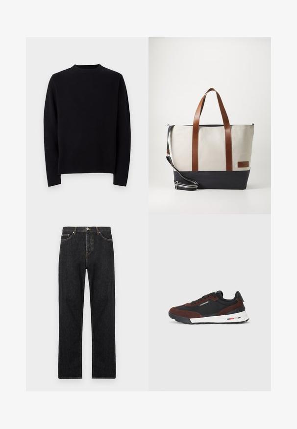 Black knitted sweater with long sleeves, round ribbed neckline, and a straight cut. Smooth texture with no visible patterns or accents.; Black denim jeans with a straight fit, featuring a button fly, five pockets, and subtle stitching details along the seams.; Tommy Hilfiger RETRO RUNNER MIX - Trainers - black/cocoa; Canvas tote bag with brown leather handles and navy bottom. Features an adjustable strap and a branded tag on the side.