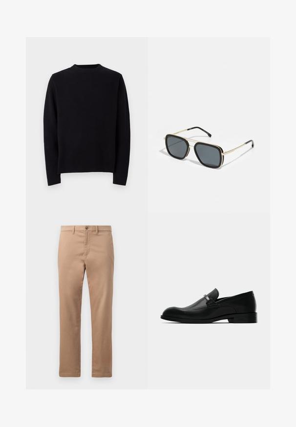 Must mustriga mustriga kampsun pikade varrukatega, ümmarguse ribatud kaeluse ja sirge lõikega. Sile tekstuur, ilma nähtavate mustrite või aktsentideta.; Kergedest tanžhidest puuvillast, mis on sileda tekstuuriga, varustatud tõmbluku ja nupuga kinnitusega. Otsene sääremoodus, ilma nähtavate mustrite või aktsentideta.; Must meeste musta nahast loafers, millel on metalne pärga detail, madal kõrgus ja bränditud talla, näidatud külgpildis valges taustal.; Must poolt ja kuldseid prille ruudukujulise disainiga, metallraamiga, tumehallide läätsedega ja mustade käepidemetippudega. Omab kahekordse silla disaini.