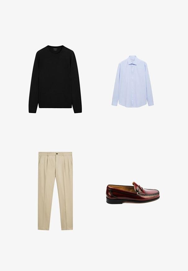 Schwarzer Pullover aus weichem Stoff, mit einem runden Halsausschnitt, langen Ärmeln und einer lässigen Passform. Keine Muster oder Akzente sind sichtbar.; Hellblaues Langarmhemd aus gewebtem Stoff, mit klassischem Kragen und durchgehendem Knopfverschluss, in gerader Schnittführung und ohne Muster.; Beige maßgeschneiderte Hose mit einem Faltendesign vorne, ausgestattet mit Taschen und einem schwarzen Knopfverschluss an der Taille, flach präsentiert.; Brauner Lederloafer mit gesticktem Oberteil-Design, mandelförmiger Zehenpartie und niedrigem schwarzen Gummiabsatz. Glatte Oberfläche mit dekorativen Akzenten.