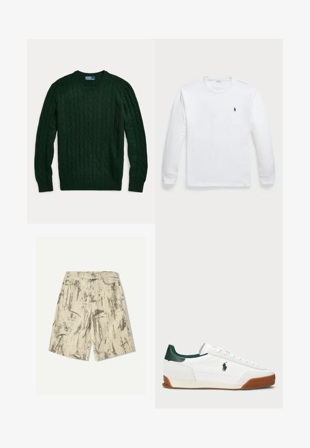 Polo Ralph Lauren THE ICONIC CABLE-KNIT CASHMERE SWEATER UNISEX - Pulóver - moss agate; Hosszúujjú fehér póló, 100% pamutból készült, kerek nyakkivágással és kis sötétkék logóval a bal mellen. Simább textúra, egyszerű dizájn.; Beige színű, denim anyagú rövidnadrág, texturált absztrakt szürke mintával, két elülső zsebbel és klasszikus gombos záródással.; Fehér sneaker zöld bőr részletekkel és homokszínű gumitalppal. Textilből készült, oldalt kiemelkedő logóval. Fűzős kialakítás.