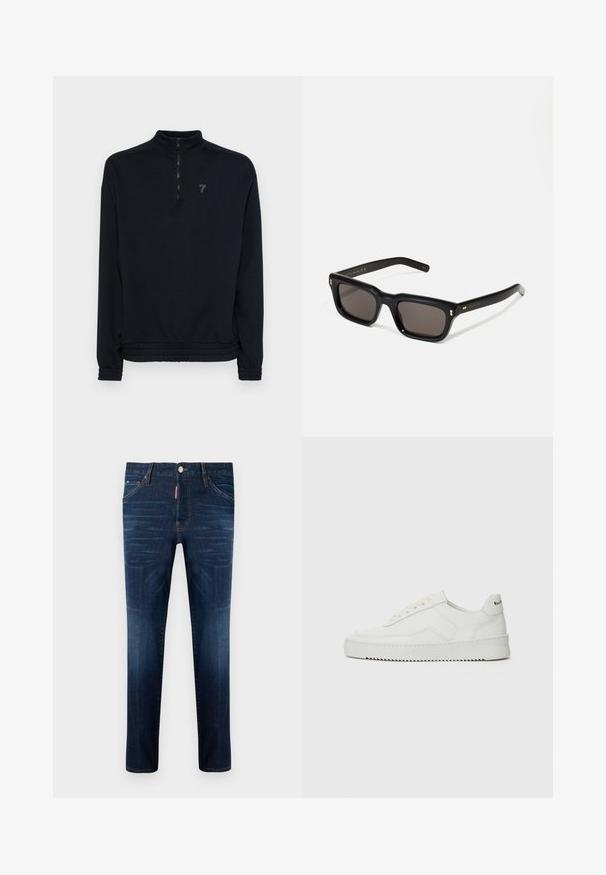 Sudadera negra con cremallera y alto cuello, puños y dobladillo elásticos. Presenta un logo sutil en el pecho. Material suave y texturizado.; Vaqueros de mezclilla azul oscuro con corte recto, bolsillos delanteros y una pequeña etiqueta de logo roja. Presentan ligeros desgastes y costuras en contraste.; Zapatilla de cuero blanca con un acabado suave, puntera redonda, cordones planos y suela texturizada. Cuenta con un sutil logo en el talón.; Gafas de sol rectangulares negras con lentes oscuros, marco de plástico grueso, acentos dorados en las patillas y logotipo de la marca grabado en el brazo.