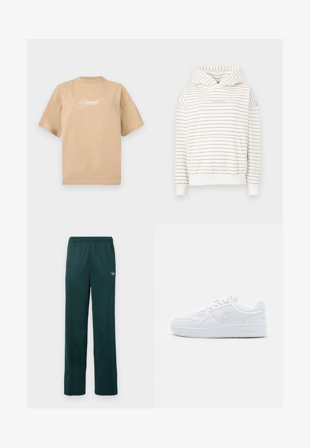 Striped hoodie in cream and beige, featuring a drawstring hood, ribbed cuffs, and a front kangaroo pocket. Text "Pecador" embroidered.; Beige cotton t-shirt with short sleeves, round neckline, and white cursive text on the front reading "Pegador Dreams Come True."; Dark green sweatpants made of soft fabric, featuring an elastic waistband and side seams, with a small logo on the front.; White sneaker made of smooth synthetic material, featuring round toe, flat sole, and subtle logo accents on the sides. Classic low-top design.