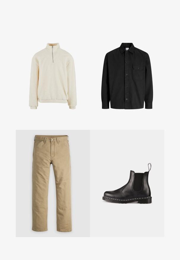 Fleece-pullover i krem, med høy krage og halvlukking. Teksturfinner med ribbede mansjetter og nederkant. Løs og avslappet passform.; Svart langermet skjorte med knapper, krage og en enkelt brystlomme med en knappelukking på klaffen.; Khaki bomullsbukser med et rett ben design, frontlommer og knappestenging. Glatt tekstur og forsterkede sømmer for holdbarhet.; Svart lær Chelsea-støvel med elastiske sidepaneler, avrundet tå, trekksløyfe, hvite sømmer på sålen, og strukturert gummisåle.