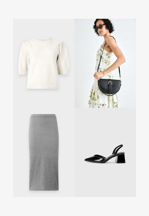 Maglione corto a maniche corte di colore crema, realizzato in morbido materiale a maglia, con collo tondo, spalle a sbuffo e bordi a coste all'orlo e alle maniche.; Gonna grigia fino al ginocchio realizzata in tessuto morbido e elasticizzato. Caratterizzata da un design semplice e aderente con un elastico in vita e una texture liscia.; Décolleté in vernice nera con punta affusolata e tacco in geometria cubica. Presentano un design elegante e minimalista, con una texture liscia.; Borsa a tracolla nera in pelle con una forma curva, manico rimovibile e accessori dorati. La borsa presenta una patta con un dettaglio a fibbia.