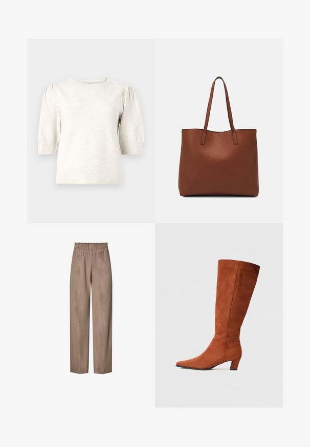 Pulover scurt cu mânecă scurtă, de culoare bej, confecționat dintr-un material tricotat moale, având un gât rotund, umeri bufanți și margini ribdate la tiv și la mâneci.; Pantaloni evazați plisati dintr-un material bej deschis, cu un brâu elastic, având dungi verticale pentru o textură și un design atractiv.; Botă maro din suede, până la genunchi, cu vârful ascuțit și un toc mic, având o textură netedă și un design minimal.; Geantă de umăr din piele maro cu o textură netedă, design cu vârf deschis și două curele pentru umăr. Prezintă cusături minime și fără componente metalice vizibile.