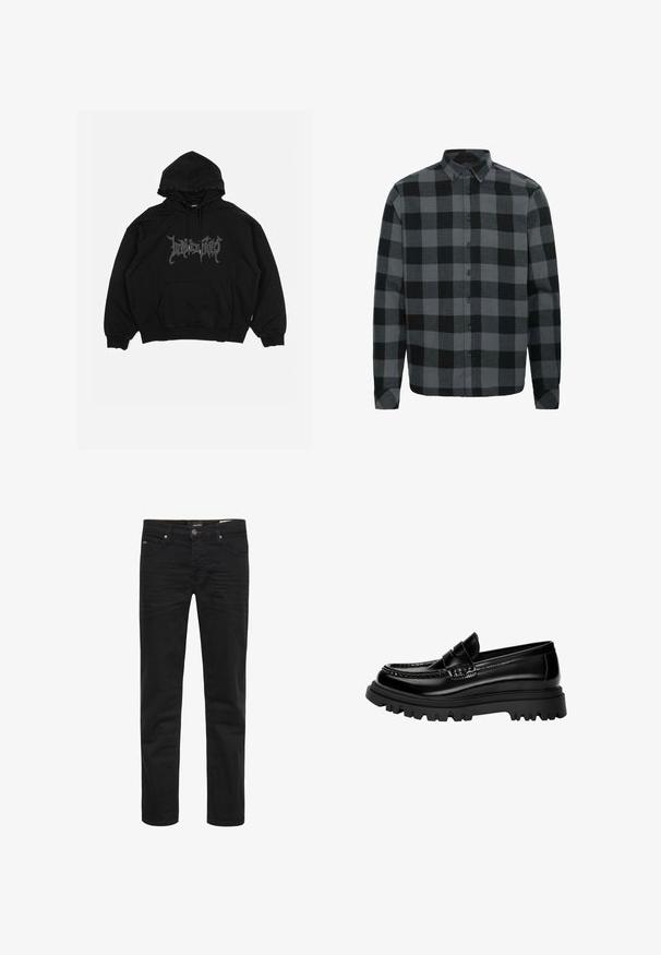 Crna majica s kapuljačom napravljena od pamuka, s prednjim džepom, kapuljačom s uvojcima i grafičkim logotipom na prsima. Dizajn u slobodnom kroju s rebrastim manžetama.; Siva i crna karirana flanel košulja s dugim rukavima, ovratnikom na dugme i prednjim dugmadi. Mekana tekstura s opuštenim krojem.; Crne traperice od denima slim kroja. Karakteristike uključuju pet džepova, zatvaranje na dugme i suptilne detalje šivanja. Ukupna glatka tekstura.; Crne sjajne kožne loafers cipele s teksturiranim remenom, koje imaju masivnu crnu gumenu petu s dubokim utorima i klasični mokasinski dizajn.