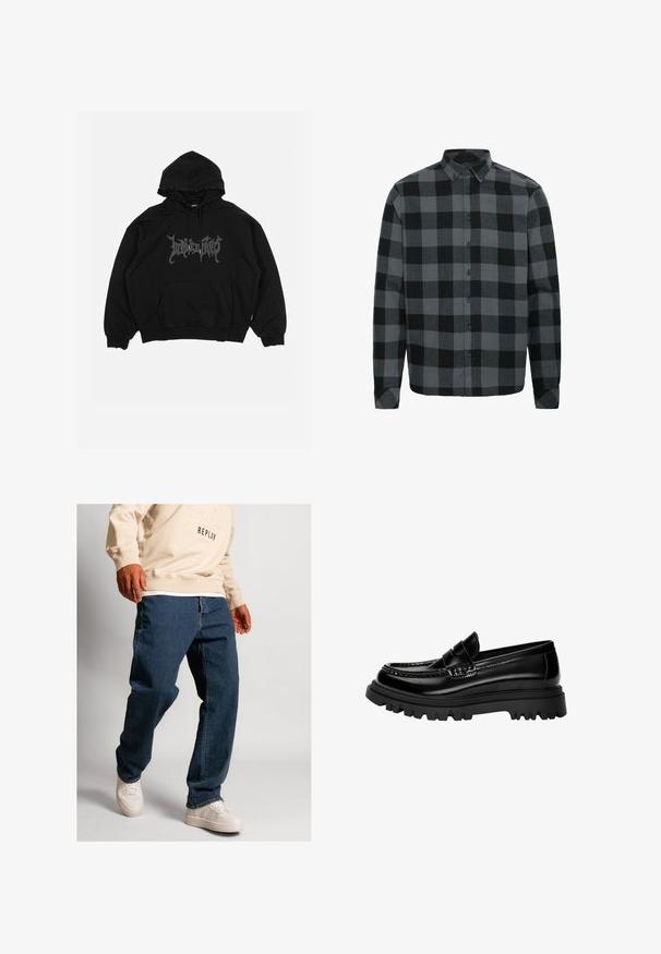 Felpa nera in cotone, con tasca frontale, cappuccio con cordino e logo grafico sul petto. Design dal taglio morbido con polsini a coste.; Camicia in flanella a quadri grigi e neri con maniche lunghe, colletto button-down e bottoni frontali. Tessuto morbido con una vestibilità rilassata.; Jeans in denim blu con vestibilità ampia, dotati di una zip standard e cuciture a contrasto, abbinati a sneakers bianco sporco e a una felpa beige chiaro.; Mocassini in pelle nera lucida con una fascia testurizzata, dotati di una robusta suola in gomma nera con scanalature profonde e un design classico.