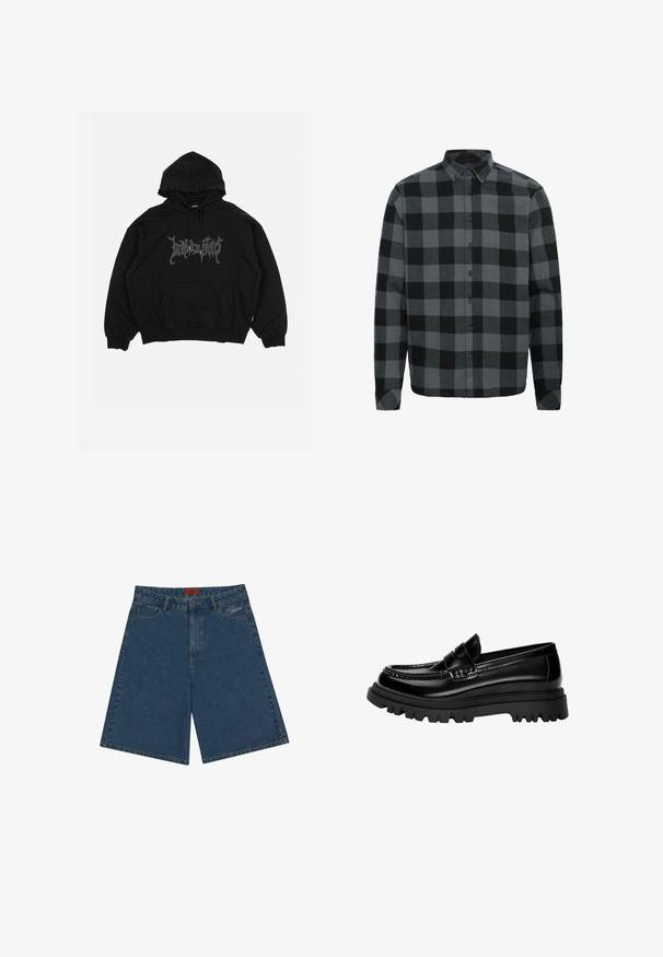 Černá mikina s kapucí vyrobená z bavlny, s přední kapsou, stahovací kapucí a grafickým logem na hrudi. Volnější střih s pružnými manžetami.; Šedá a černá kostkovaná flanelová košile s dlouhými rukávy, knoflíkovým límcem a knoflíky vpředu. Měkká textura s uvolněným střihem.; Džínové šortky v tmavě modré barvě, s mírným vzestupem pasu, zapínáním na druk, předními kapsami a vyšitým logem na levé straně.; Černé lesklé kožené polobotky s texturovaným páskem, které mají robustní černou gumovou podrážku s výrazným vzorem a klasický mokasínový design.